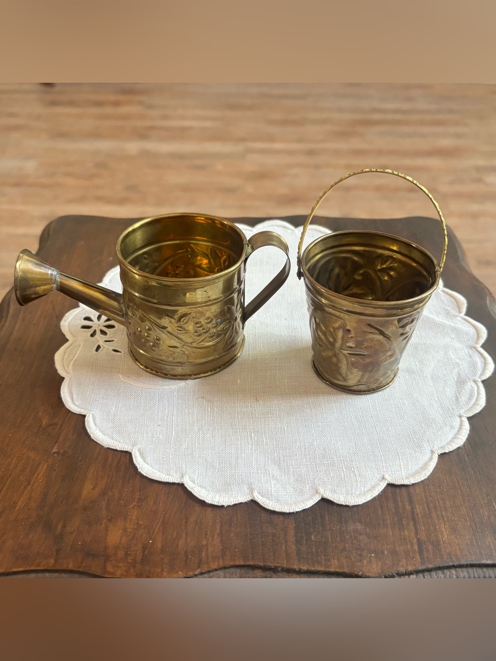 Brass Mini Watering Can and Bucket Set - Floral Embossed